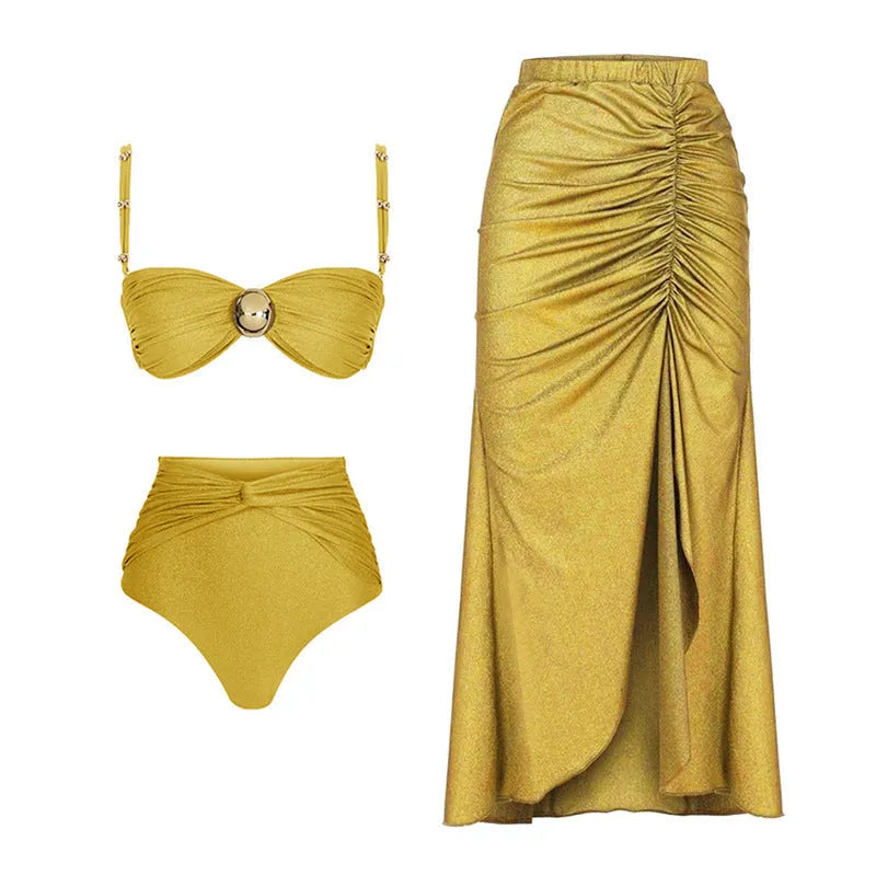 Yellow split bikini and green one-piece swimsuit with high waist design