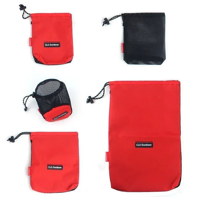 Red five-piece travel storage bag set with Oxford cloth and mesh organisers