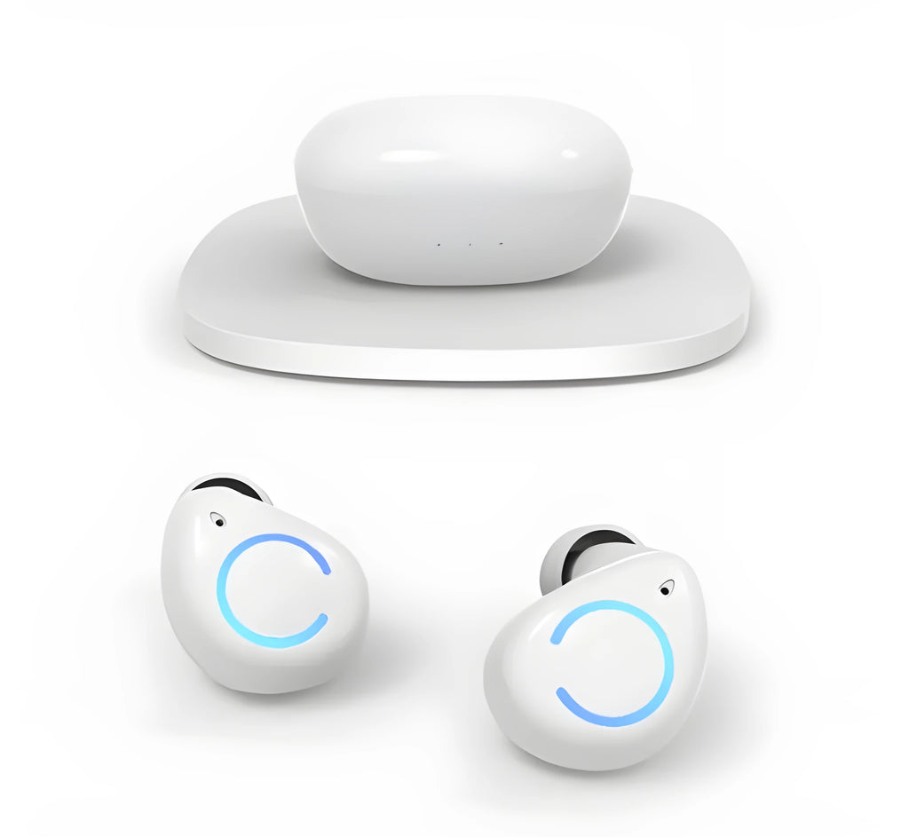 M18 true wireless Bluetooth earbuds in black and white with compact rectangular charging case