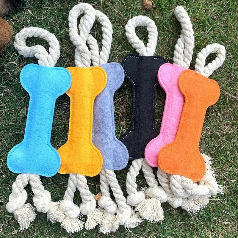 Blue bone-shaped dog toy made of felt with rope knots, shown on a white background.