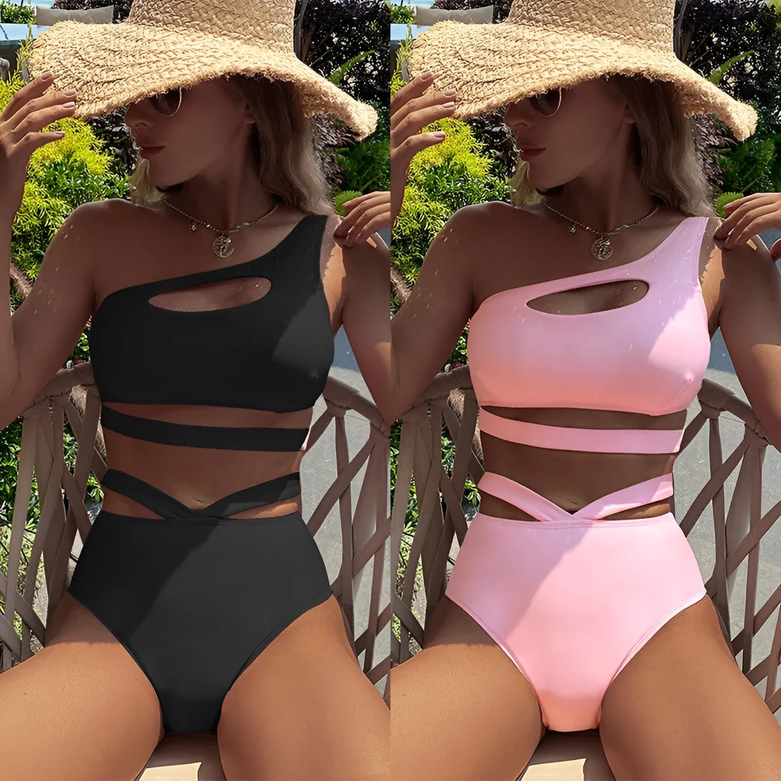 Women's one-shoulder high waist T-back swimsuit in solid colour showing hollow split detail