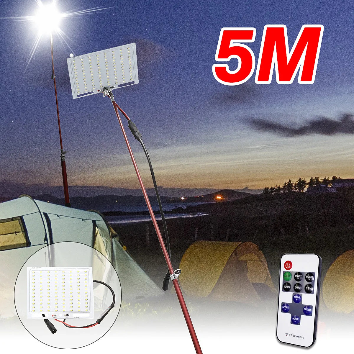 CL-LB-M7 LED light panel mounted on a tall telescopic fishing rod with a remote control.