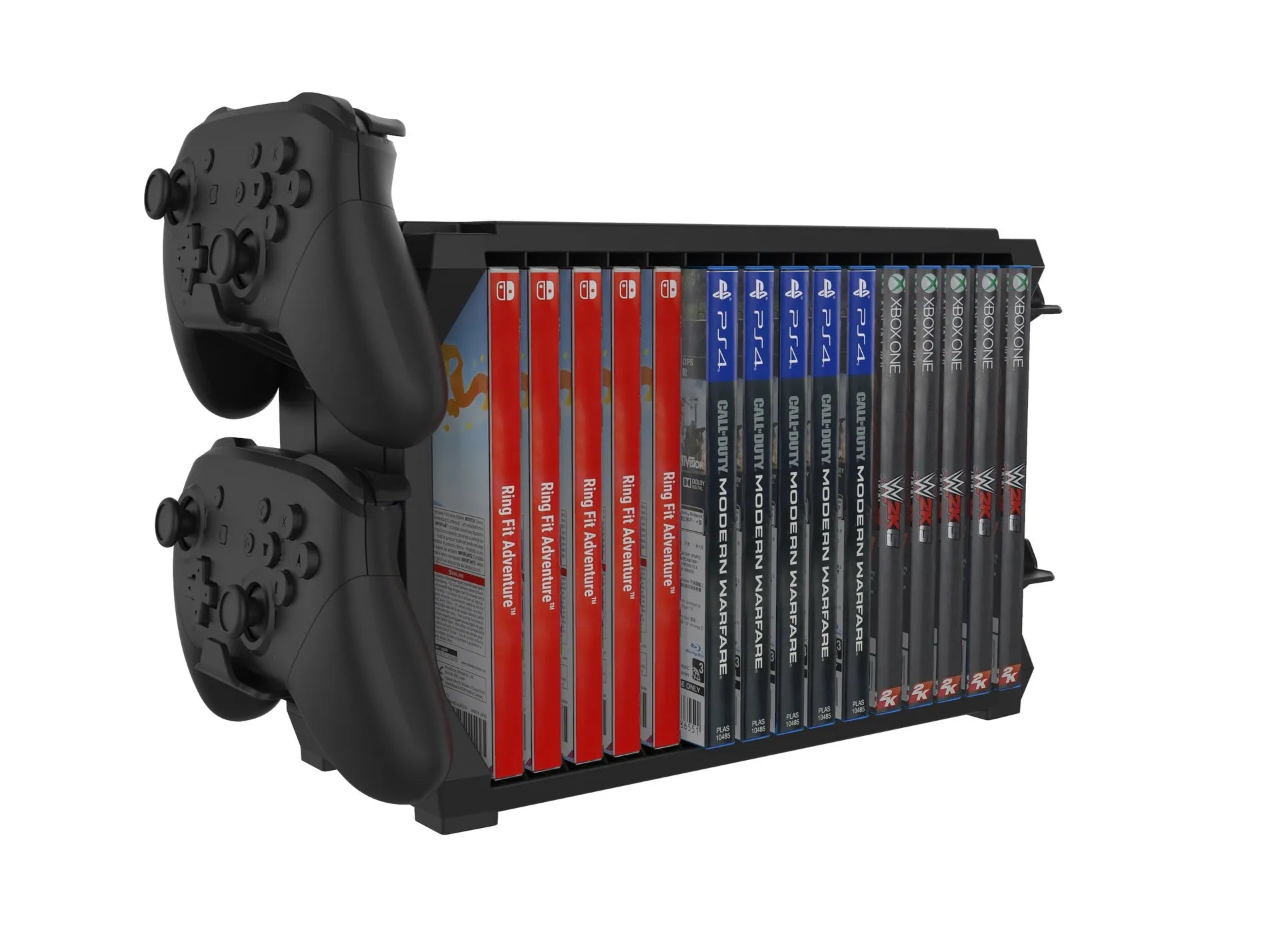 Black ABS plastic disc holder for PS5 and Xbox Series X games with storage for four controllers