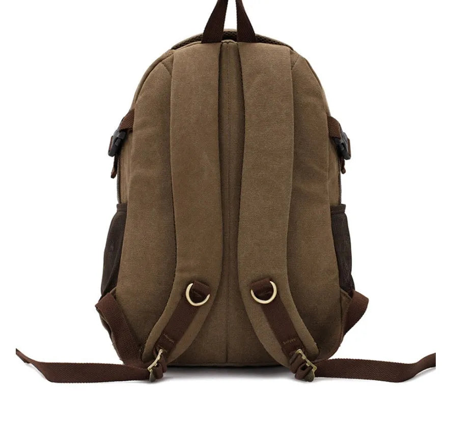 Large canvas computer backpack in military green with car stitching and top handle