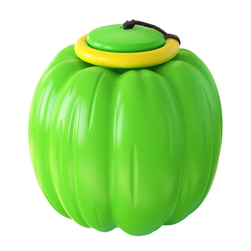 Orange pumpkin-shaped dog chew ball with squeaker for small dogs, measuring 69mm diameter