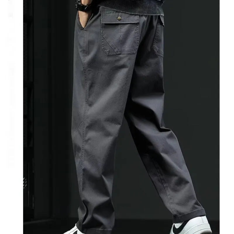 American style loose straight casual cotton trousers for men in black, mid waist, size M to 3XL