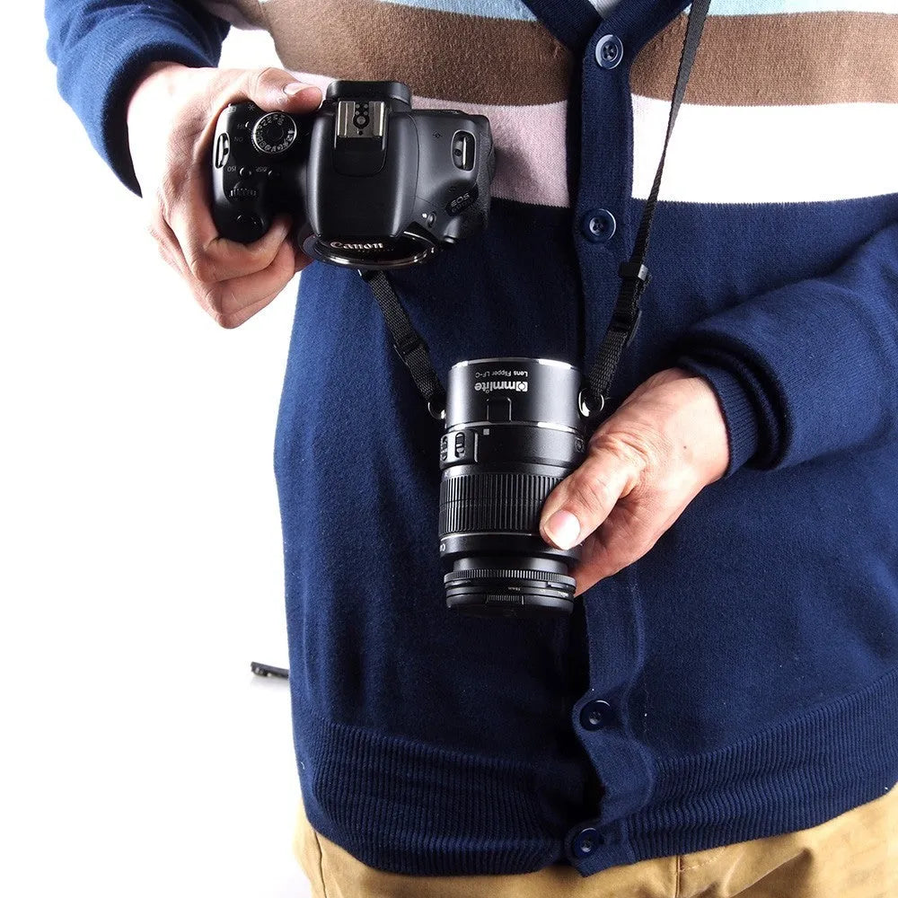 Aluminium camera lens flipper holder for Nikon with cotton shoulder strap