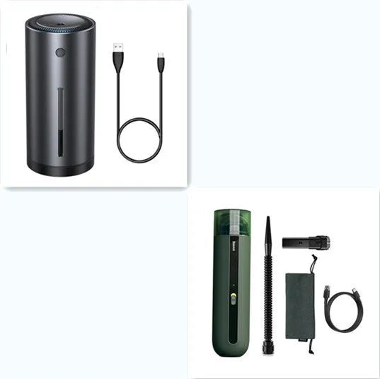 BASEUS wireless handheld car vacuum cleaner in black, white, or green with blowing hose attachment