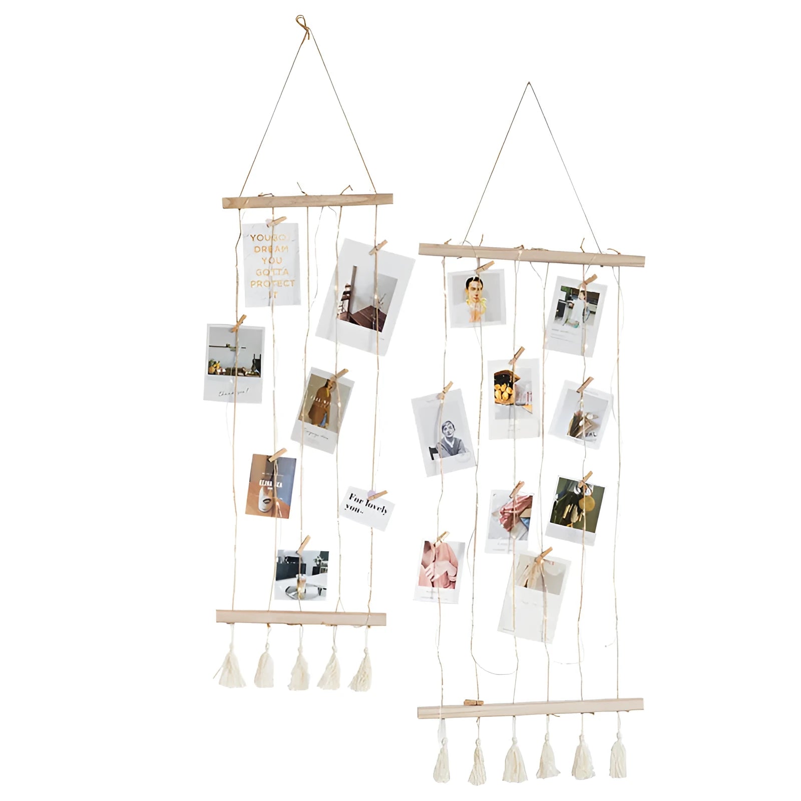 Medium size wooden photo clip wall hanging with hemp rope and tassel