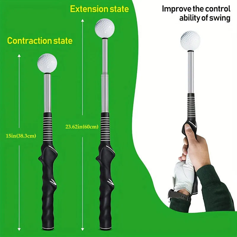 Telescopic stainless steel golf swing simulator trainer in black, blue, or red colour options.