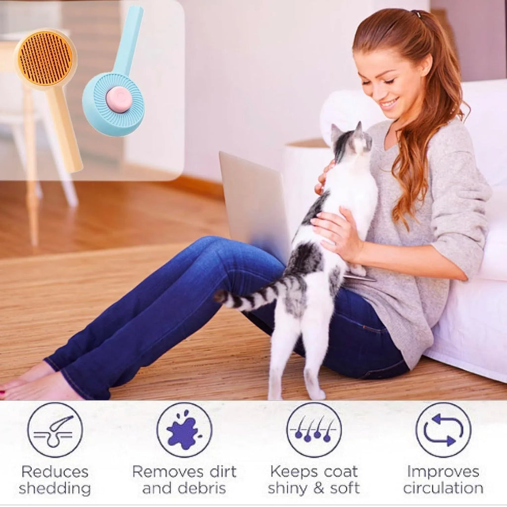 Blue pet grooming brush with angled metal pins and self-cleaning button for dogs and cats