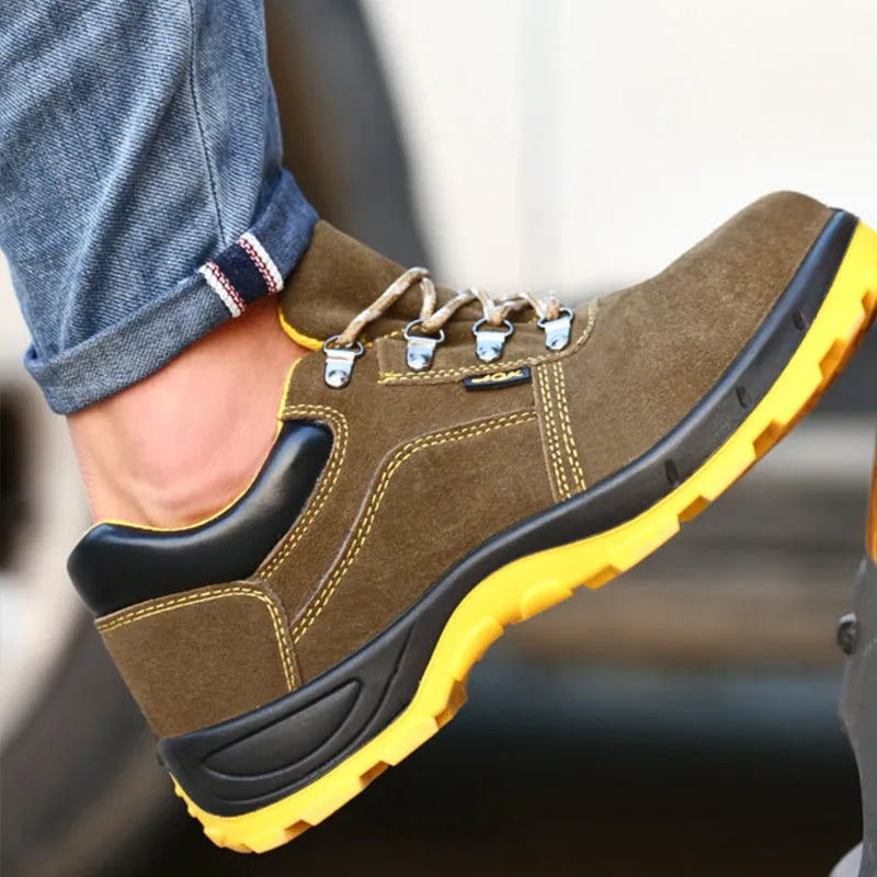 Bronze leather safety shoes with steel toe cap and non-slip sole design
