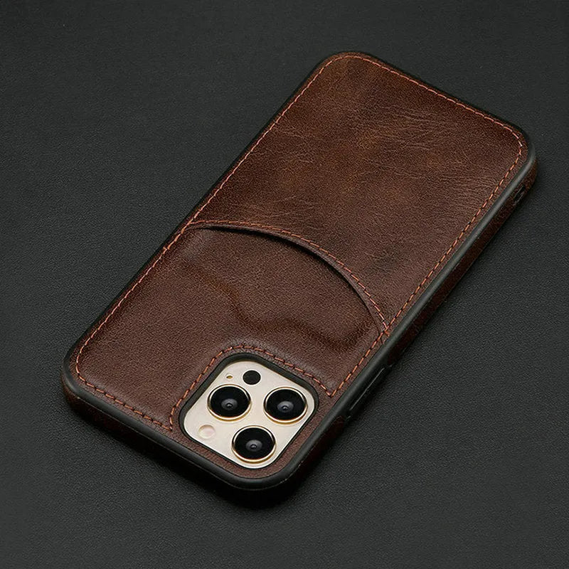 Dark blue PU leather protective phone case for iPhone business smartphones.