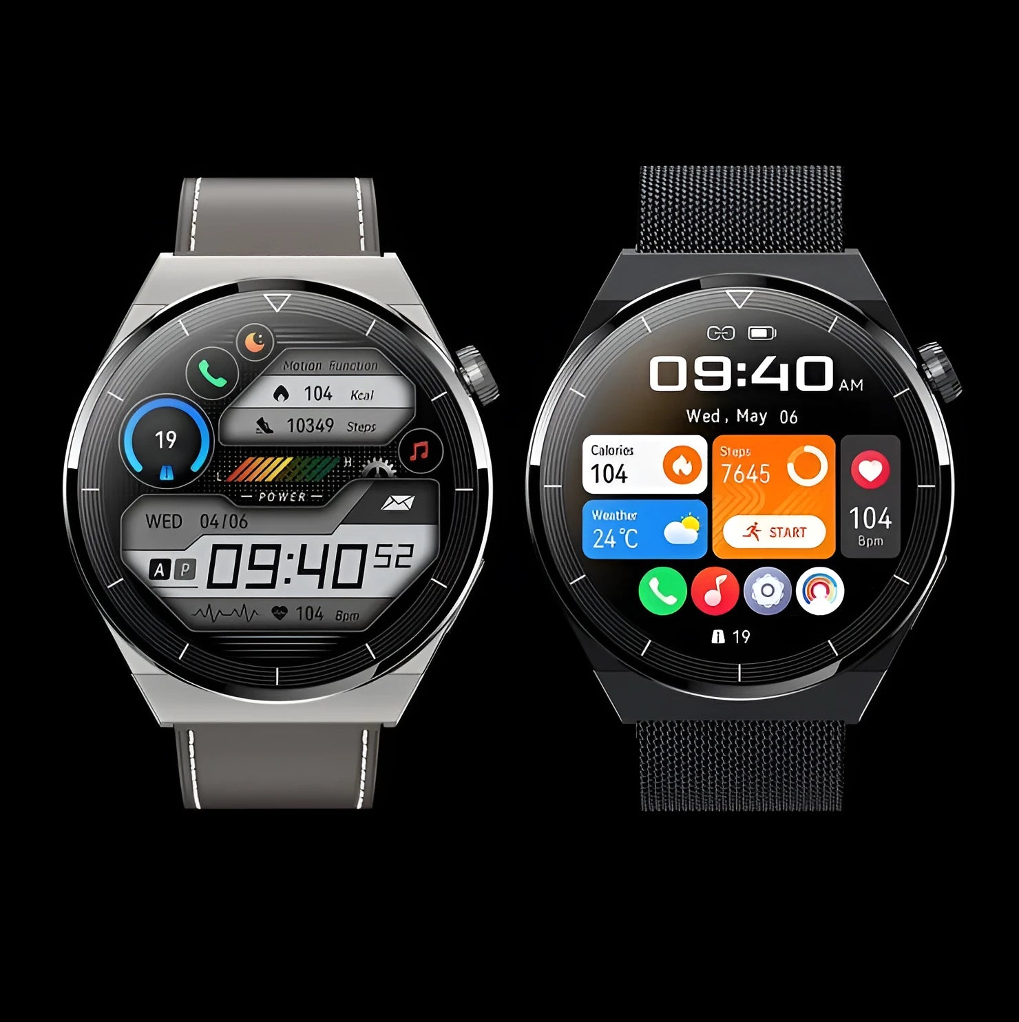 Black Android smart watch with round dial and silicone strap, displaying a watch face on its 1.36-inch screen.