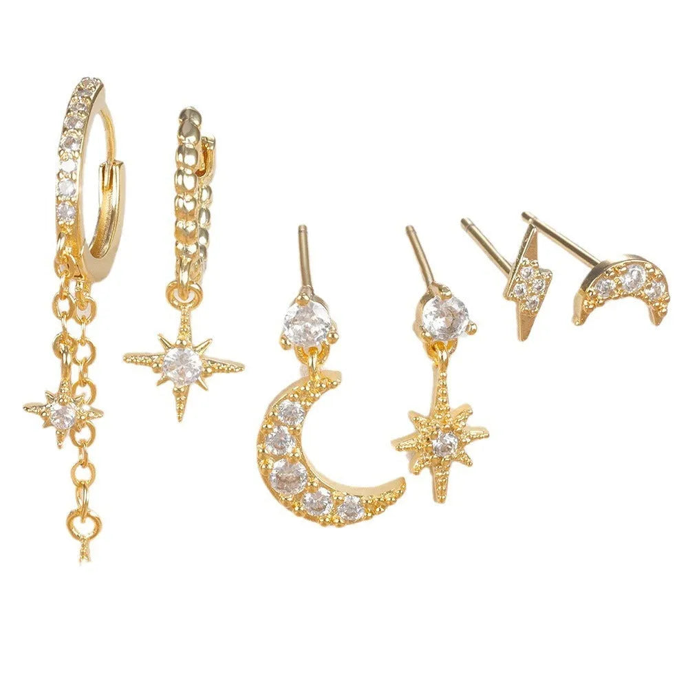 XINGX gold electroplated chain tassel earrings set with six pieces showing zircon stud details on copper earrings