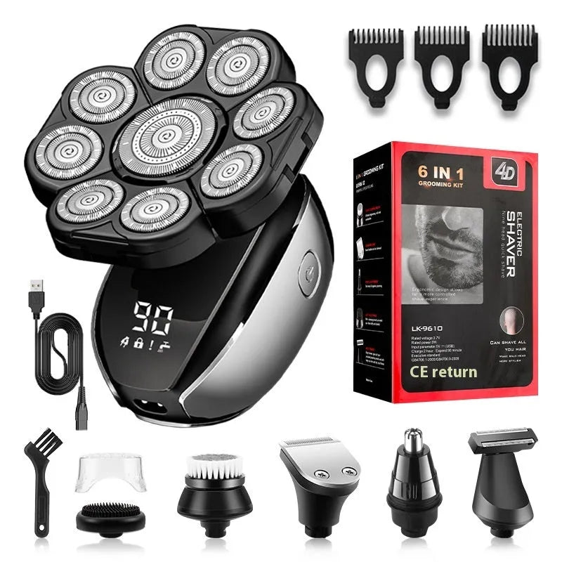 Black 6-in-1 rechargeable multifunctional haircut suit with hair clipper, shaver, trimmer, and attachments on a white background