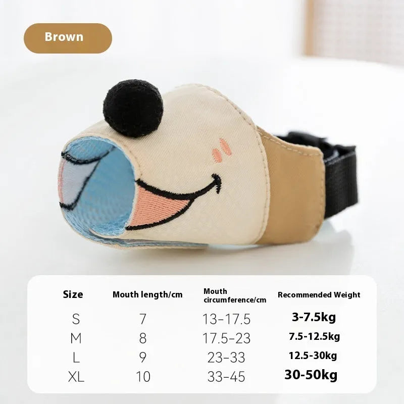 Canvas dog mouth cover muzzle shown in Ollie Brown Bear colour with secure buckle closure