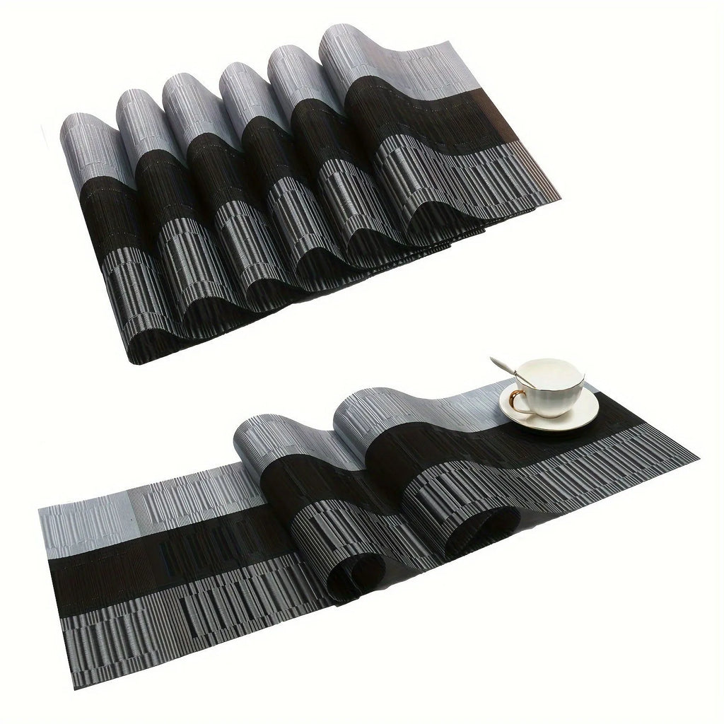 PVC non-slip place mat in gradient bamboo colour on a kitchen countertop.