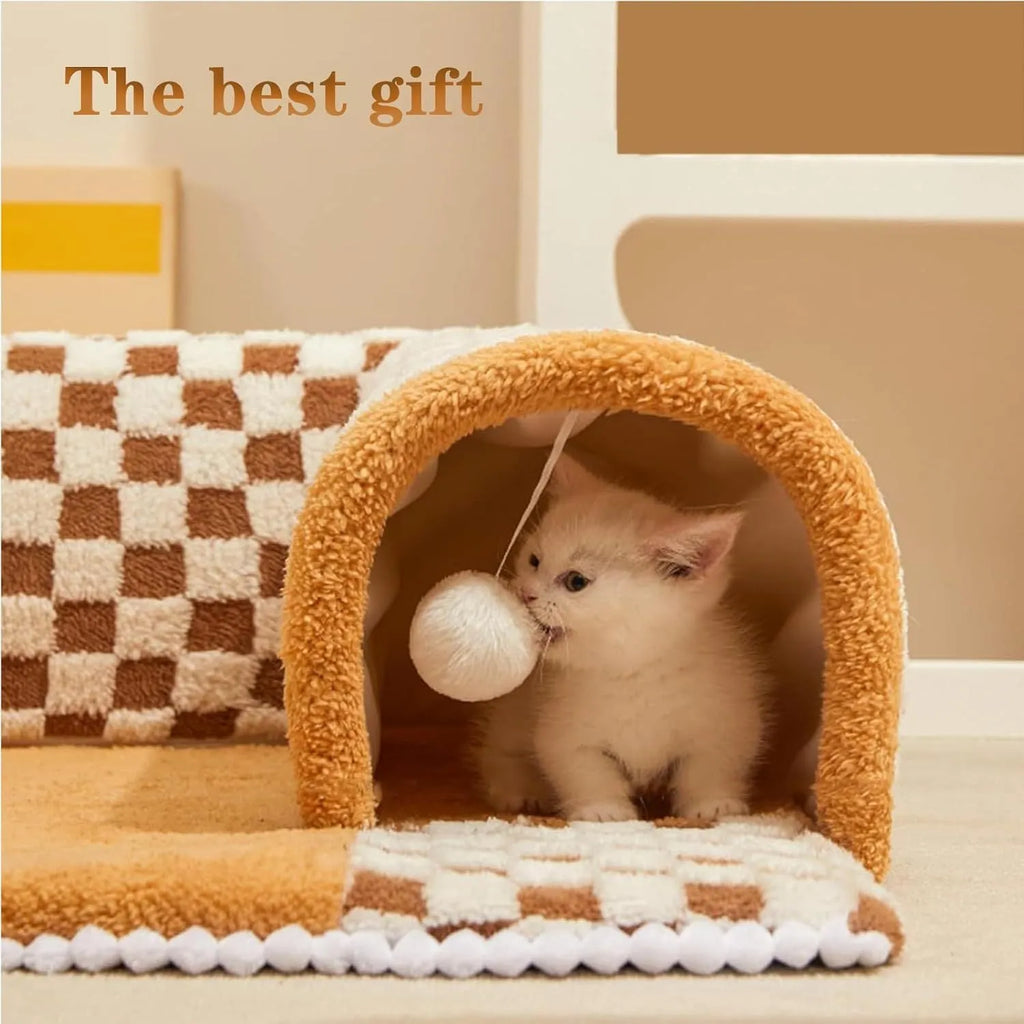 Brown plush plaid cat tunnel bed with central mat, shown in an XL size for indoor cats.