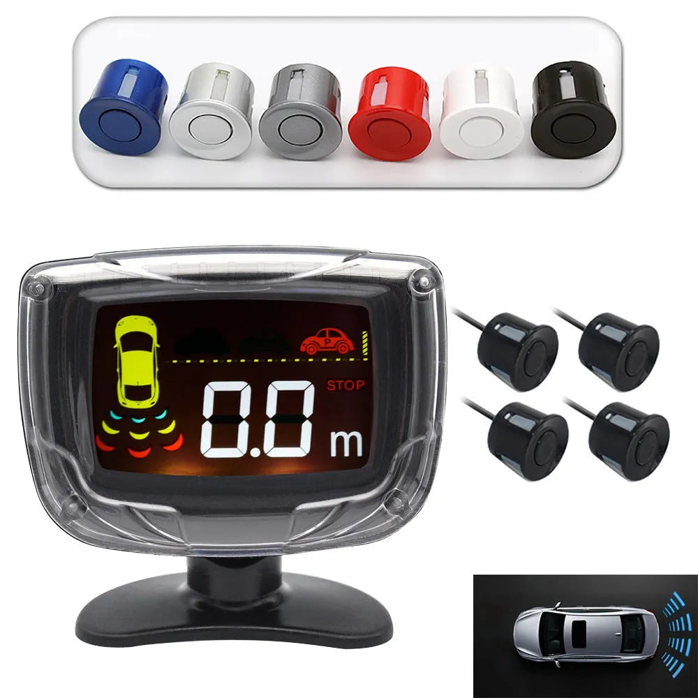 Wireless vehicle reversing sensor system with LED digital display and four ultrasonic probes