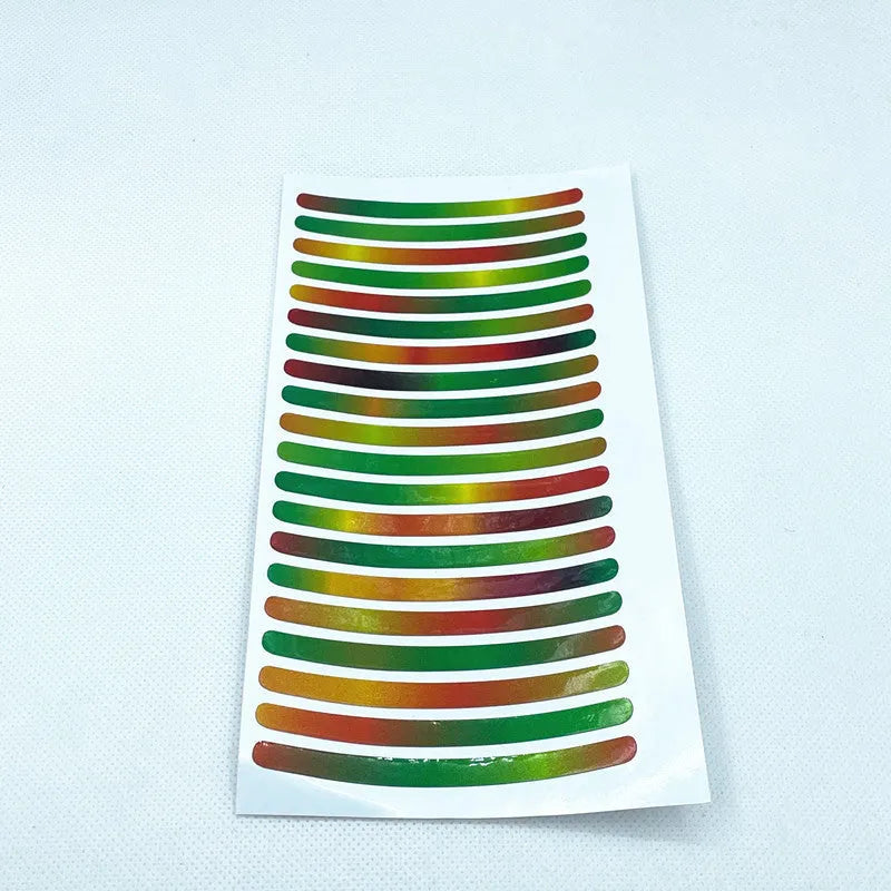 20-piece pack of multicoloured reflective PVC stickers for car and bicycle wheel hubs.