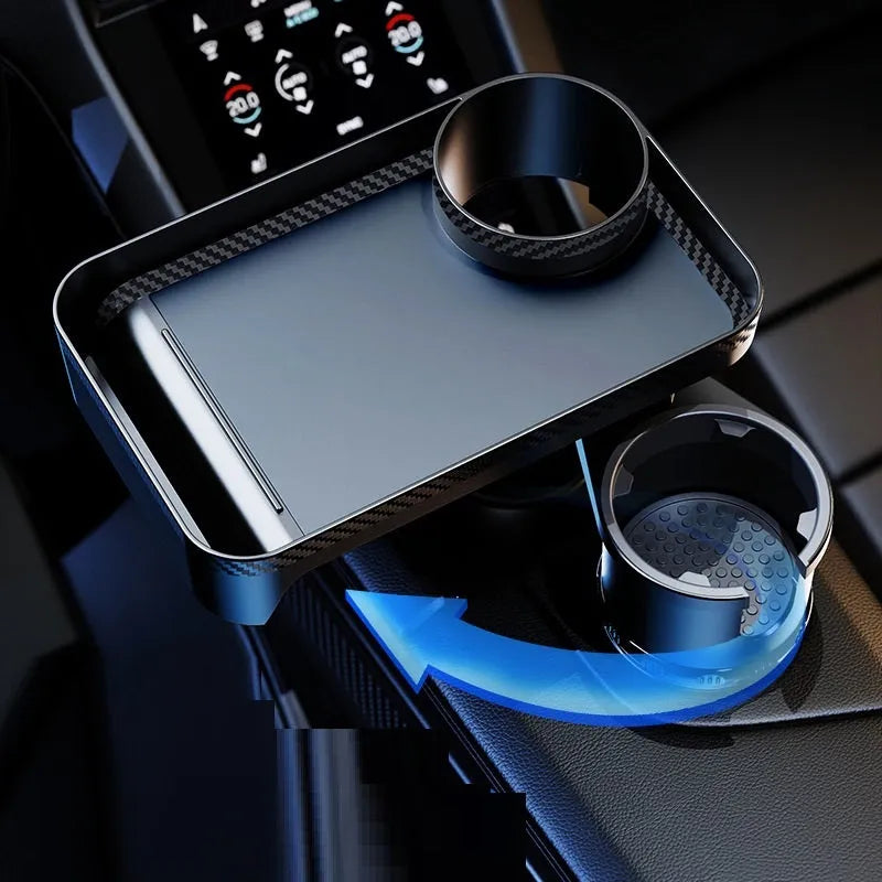 Black car-mounted rotating dinner tray holder showing 360-degree rotation mechanism