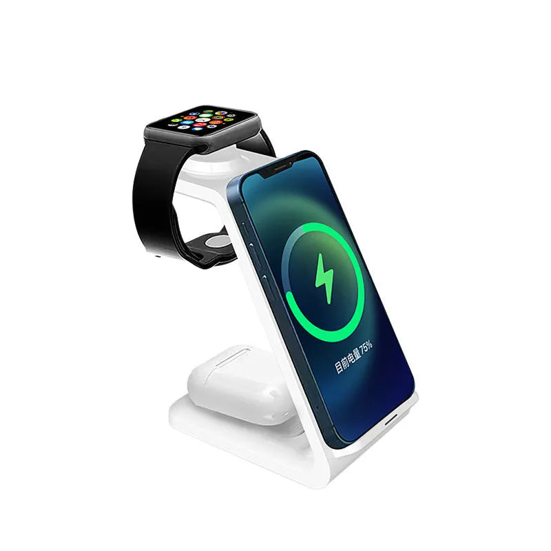 White 3-in-1 wireless charger stand with upright phone holder and dual-coil charging pad