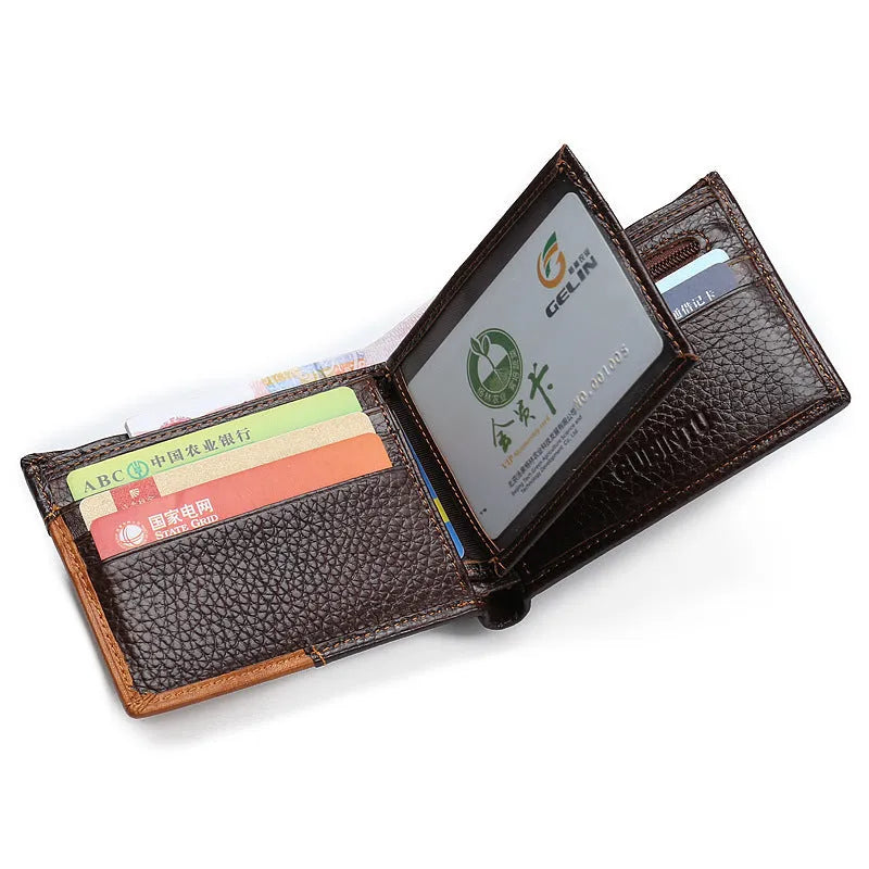 Men's horizontal square leather wallet with car stitching, shown open to reveal card slots, bill holder, and zipper compartment.