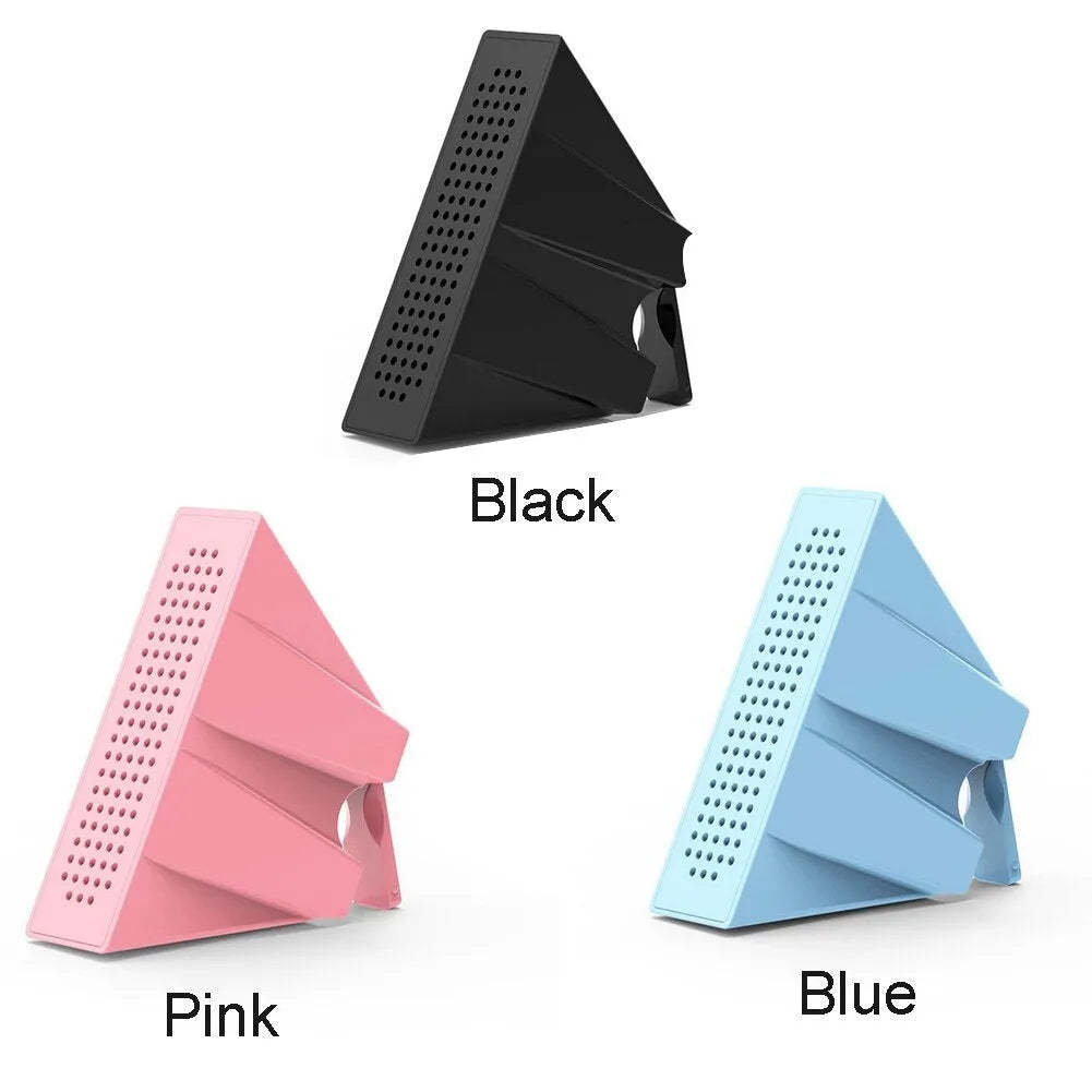 Portable black ABS plastic mobile phone amplifier bracket holding an iPhone in horizontal position.