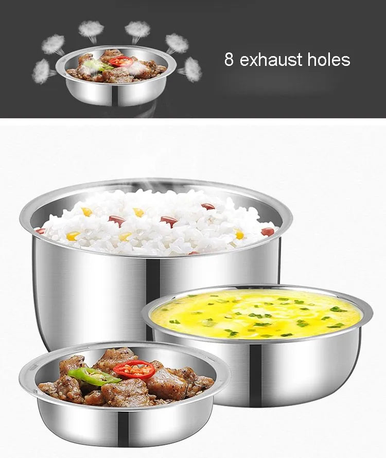 Black portable electric lunch box with USB cable, showing two-layer and three-layer capacity options.