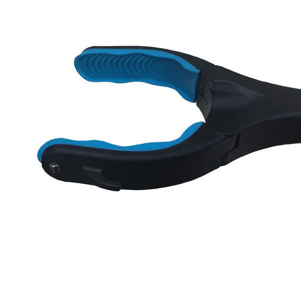 Blue foldable portable pick-up tool with extended aluminium handle and TPR handgrip.