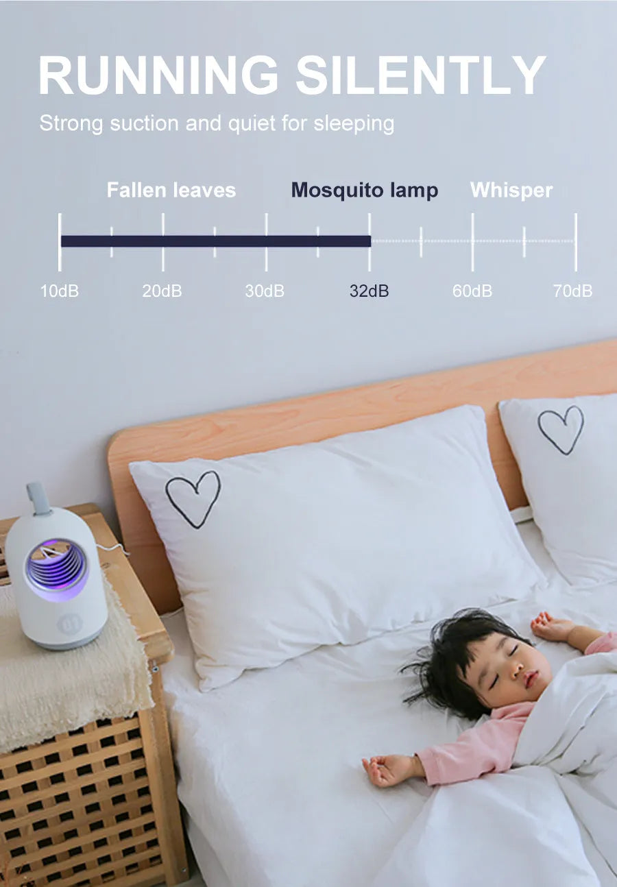 White and blue indoor mosquito killer lamp with UV light and carry handle on a table.
