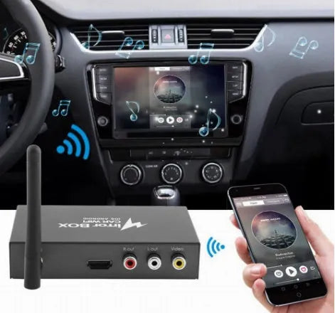 Black Car Mirror Link Box with Wi-Fi converter, power cable, antenna, AV cable, and manual.
