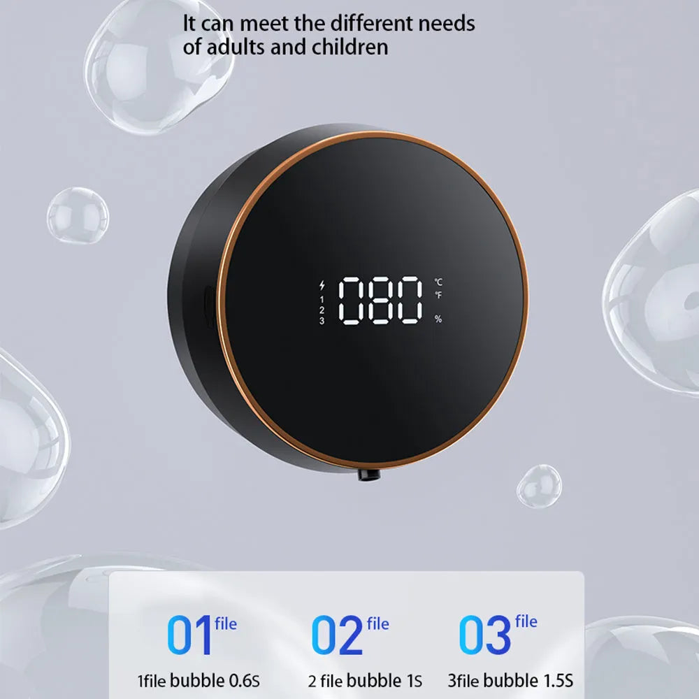 Black wall-mounted automatic foam soap dispenser with a USB charging port.