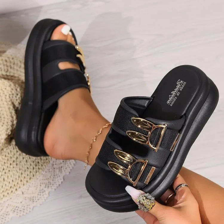 Women's thick sole slippers in apricot colour with suede uppers and rubber soles