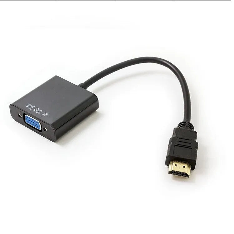 Black HDMI to VGA female adapter cable with a short 0.3 metre integrated HDMI cable.