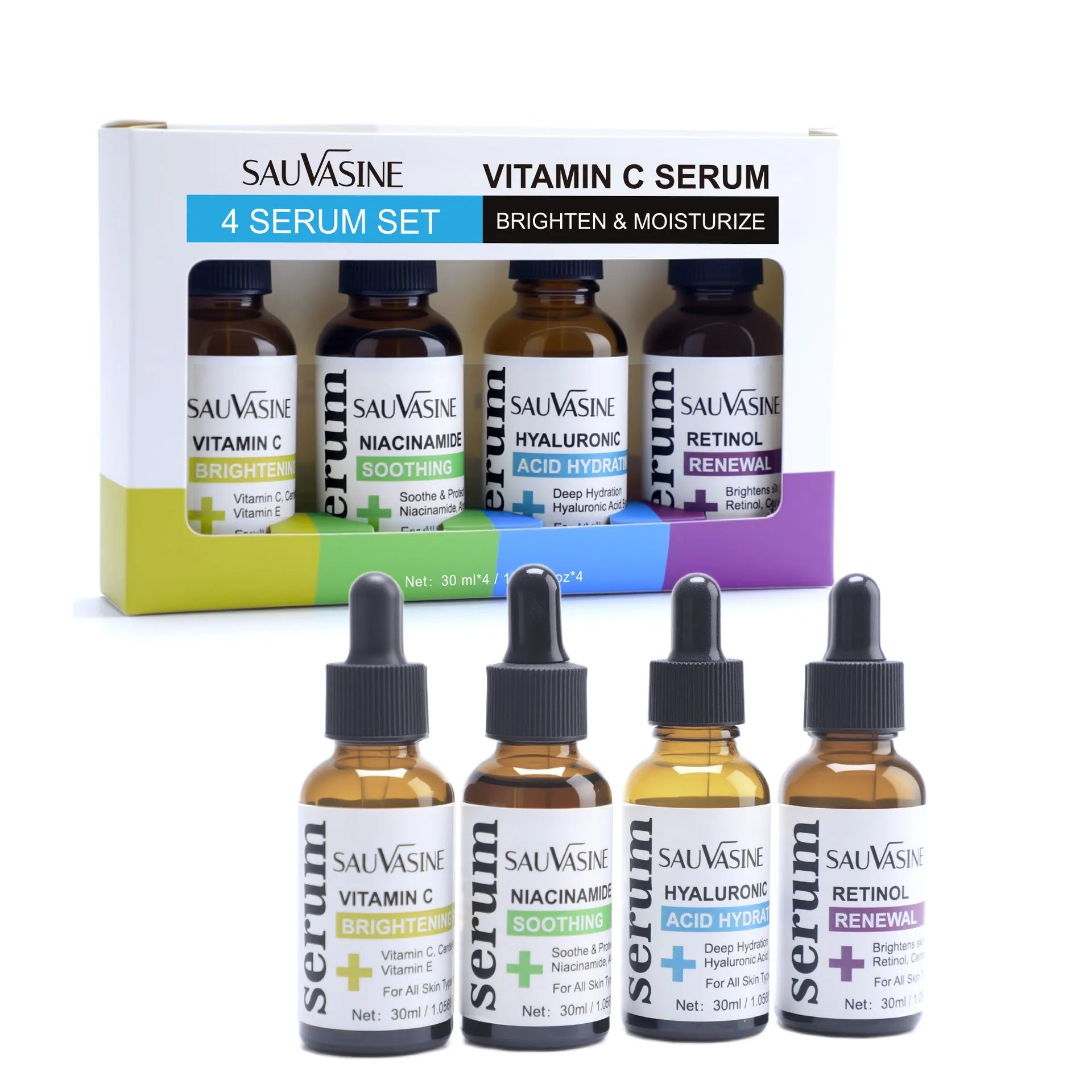 Vitamin C skin care 4-piece set with four 30ml facial essence bottles