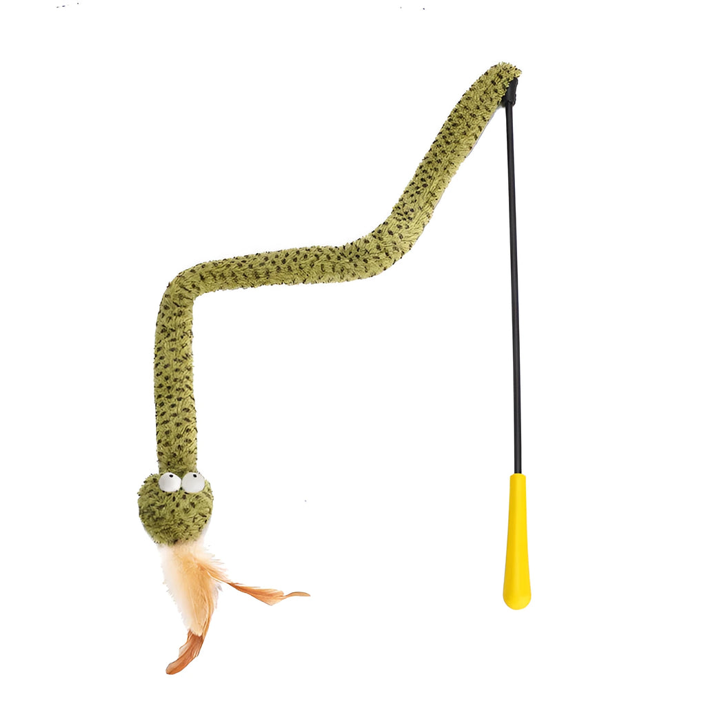 Green cat teasing stick toy with feather attachment measuring 140 cm in length