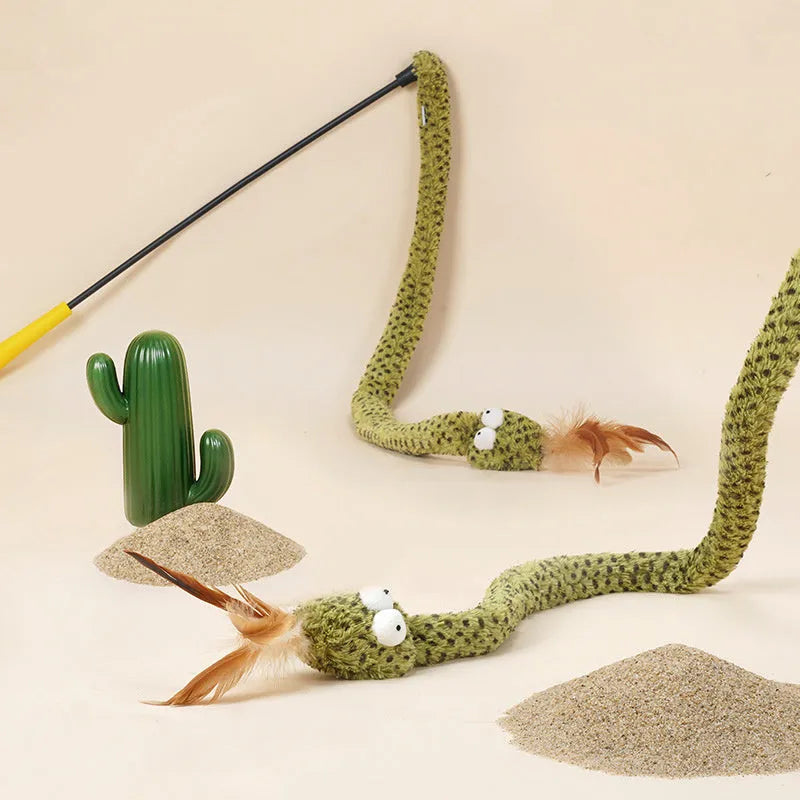Green cat teasing stick toy with feather attachment measuring 140 cm in length