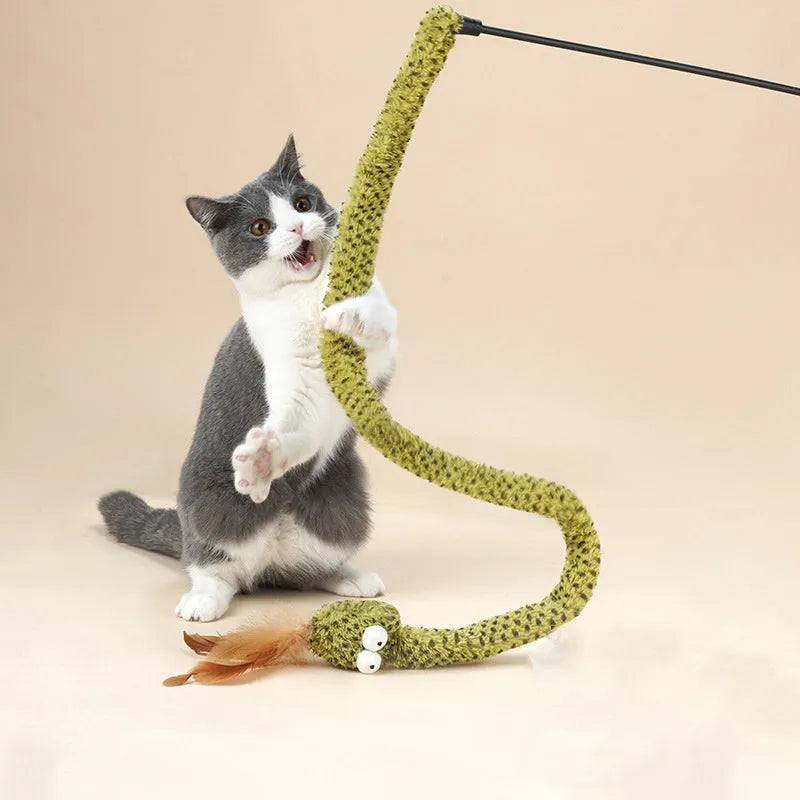 Green cat teasing stick toy with feather attachment measuring 140 cm in length