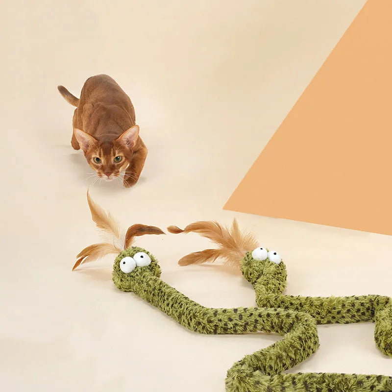 Green cat teasing stick toy with feather attachment measuring 140 cm in length