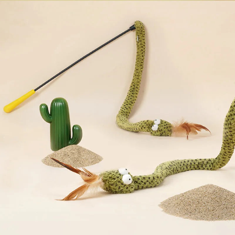 Green cat teasing stick toy with feather attachment measuring 140 cm in length