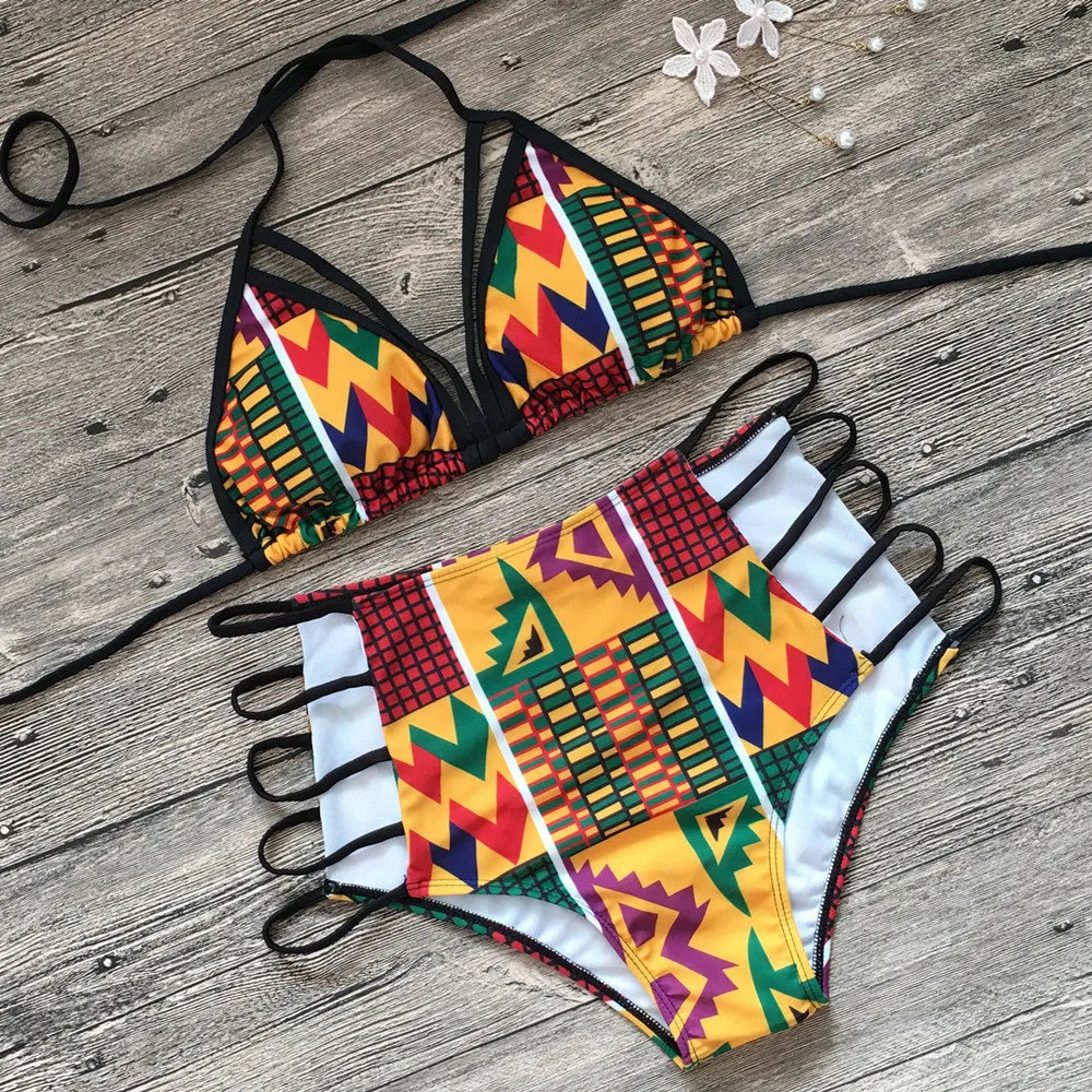 Women's digital print bikini with high-waist briefs and backless top design