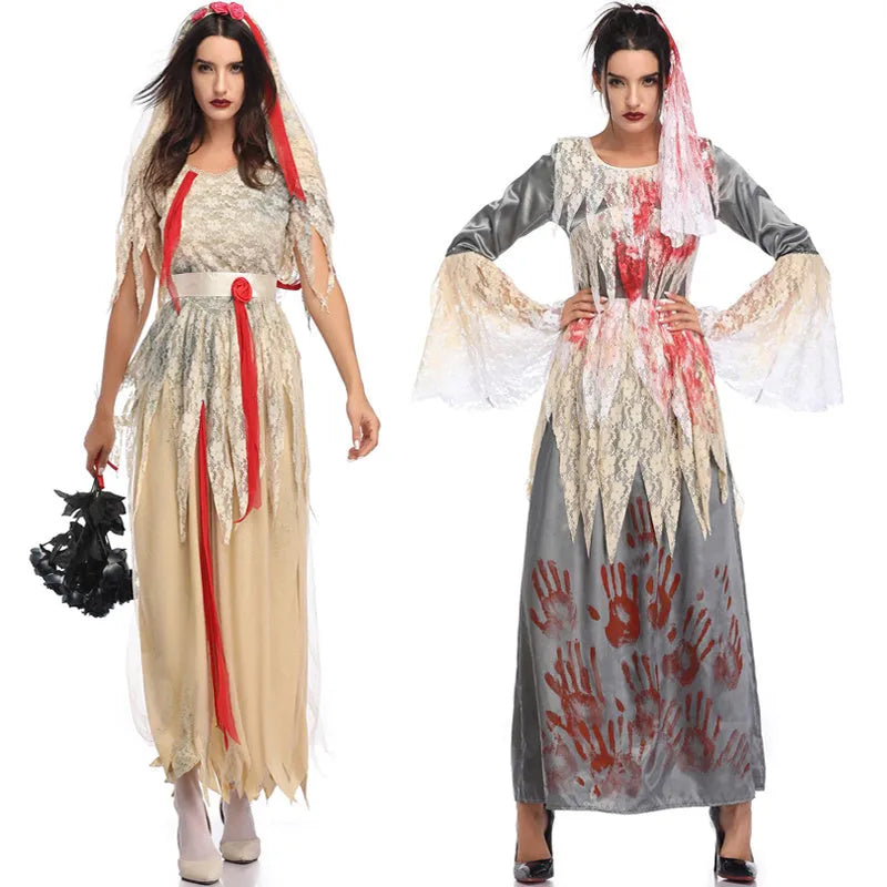 Halloween costume set for adult bride and groom couples including ghost bride and vampire bride options