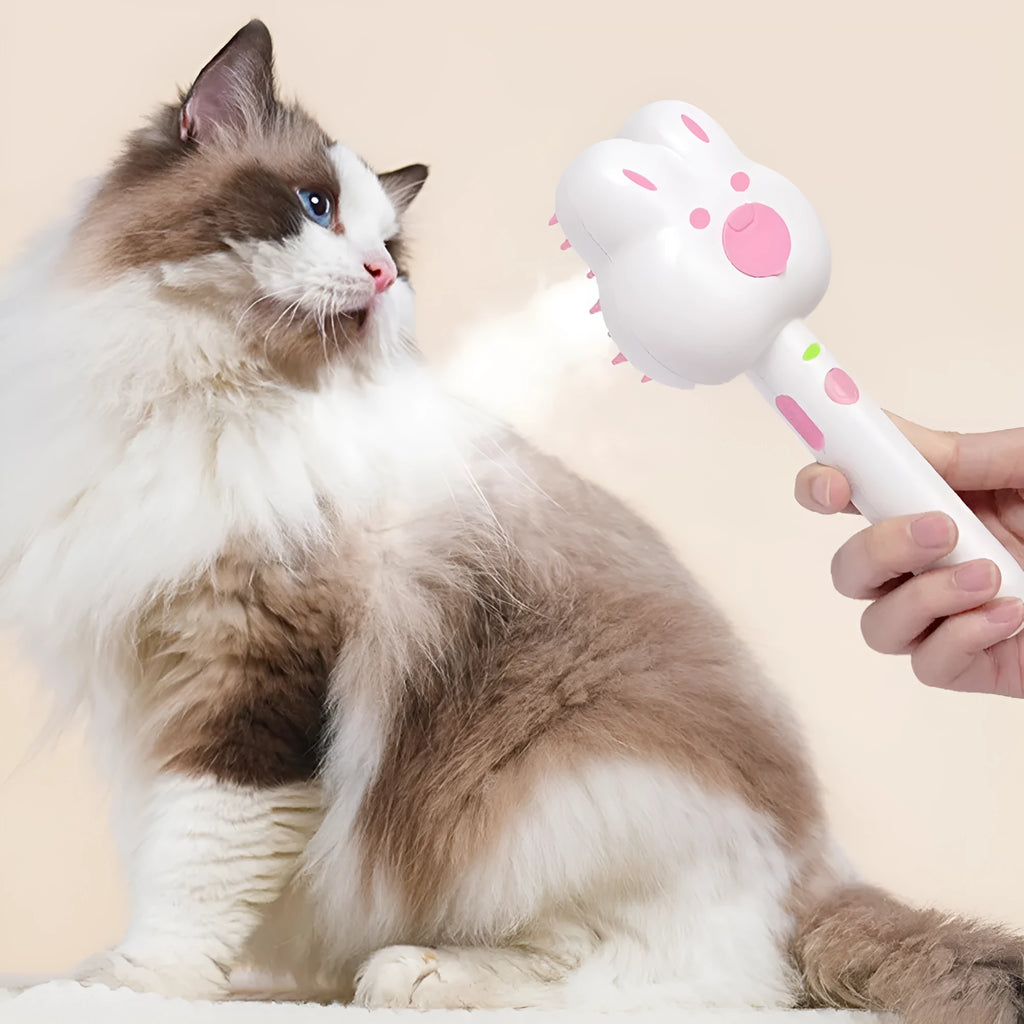 Rechargeable cat steam brush grooming tool with hot steam technology in green, pink, or white colours