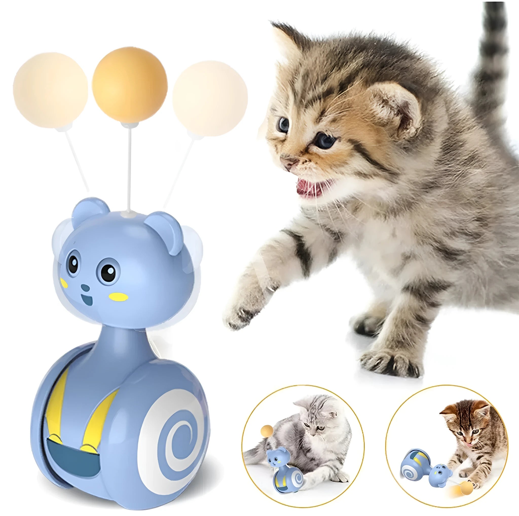 Pink and blue interactive cat toy with feather wand and rotating ball on bumbler base