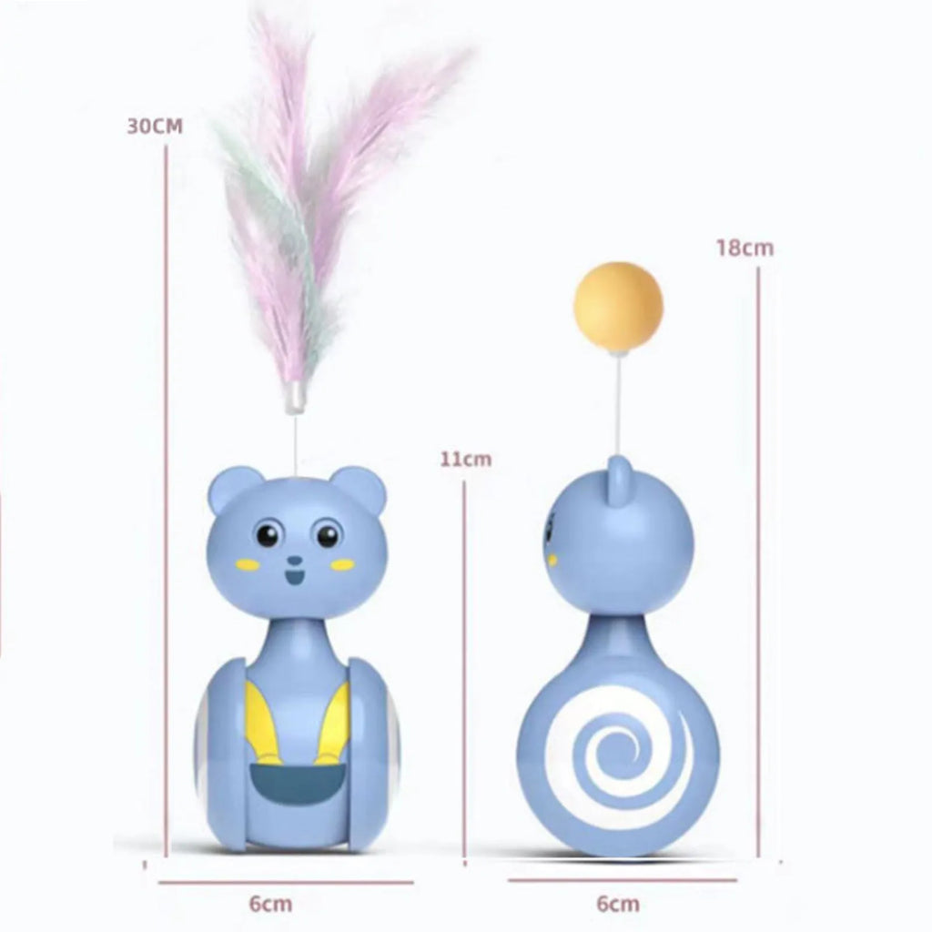 Pink and blue interactive cat toy with feather wand and rotating ball on bumbler base
