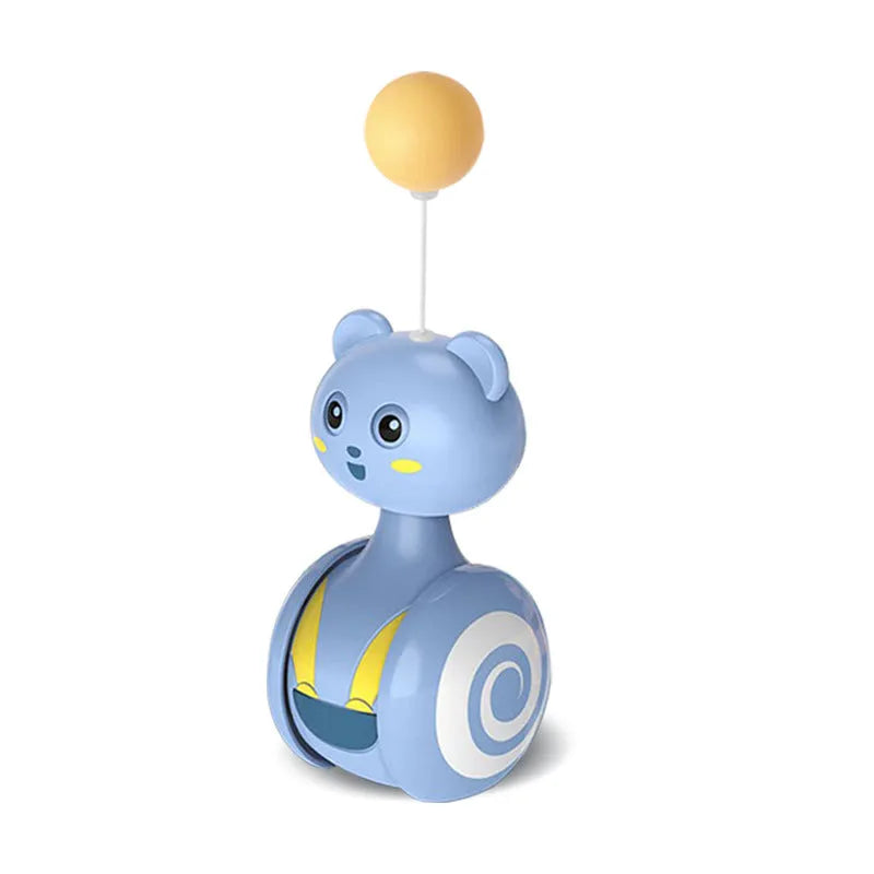Pink and blue interactive cat toy with feather wand and rotating ball on bumbler base