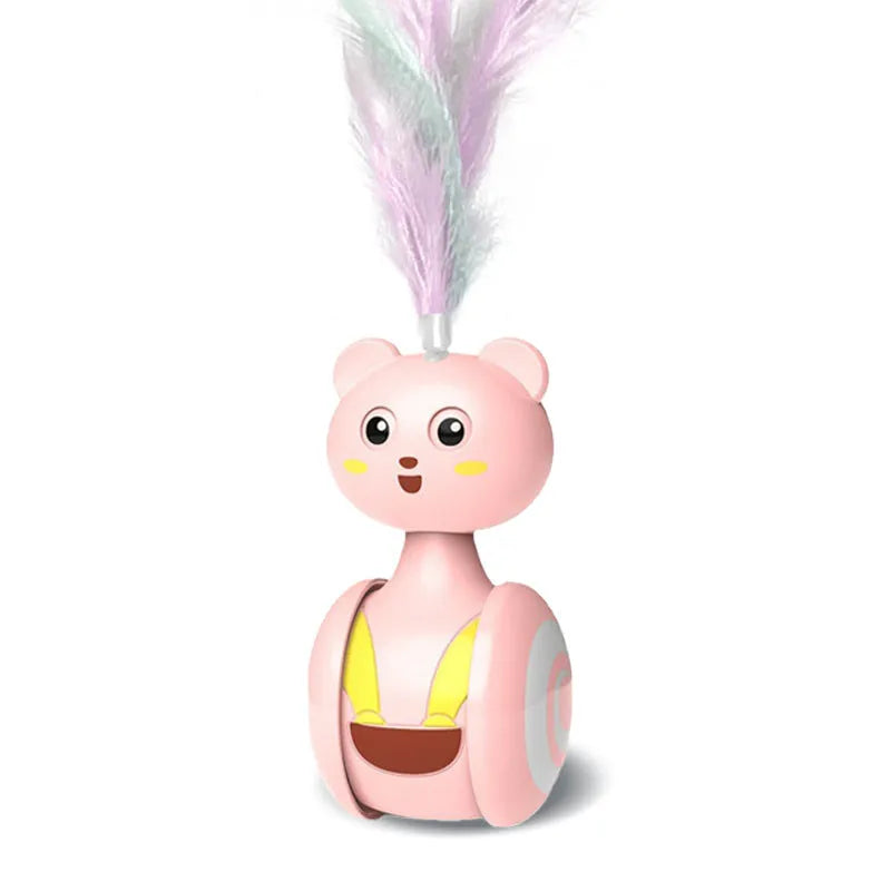 Pink and blue interactive cat toy with feather wand and rotating ball on bumbler base