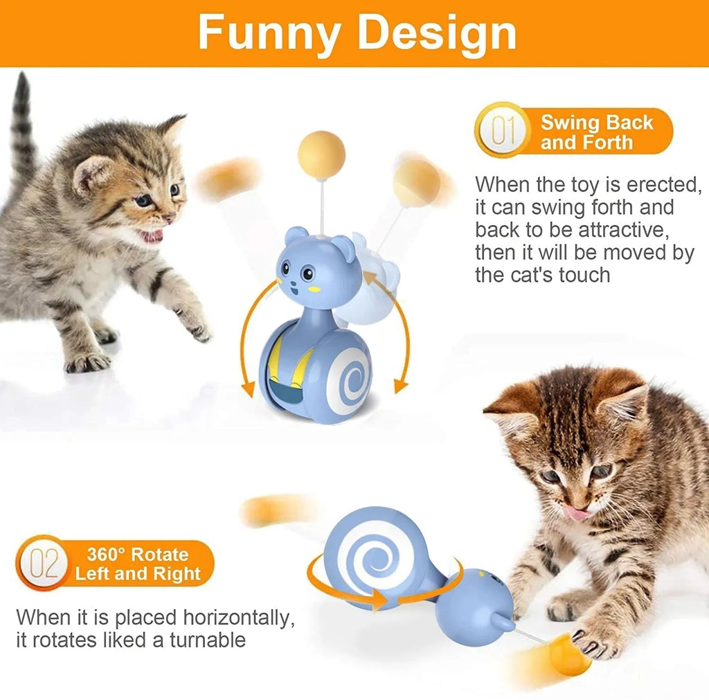 Pink and blue interactive cat toy with feather wand and rotating ball on bumbler base